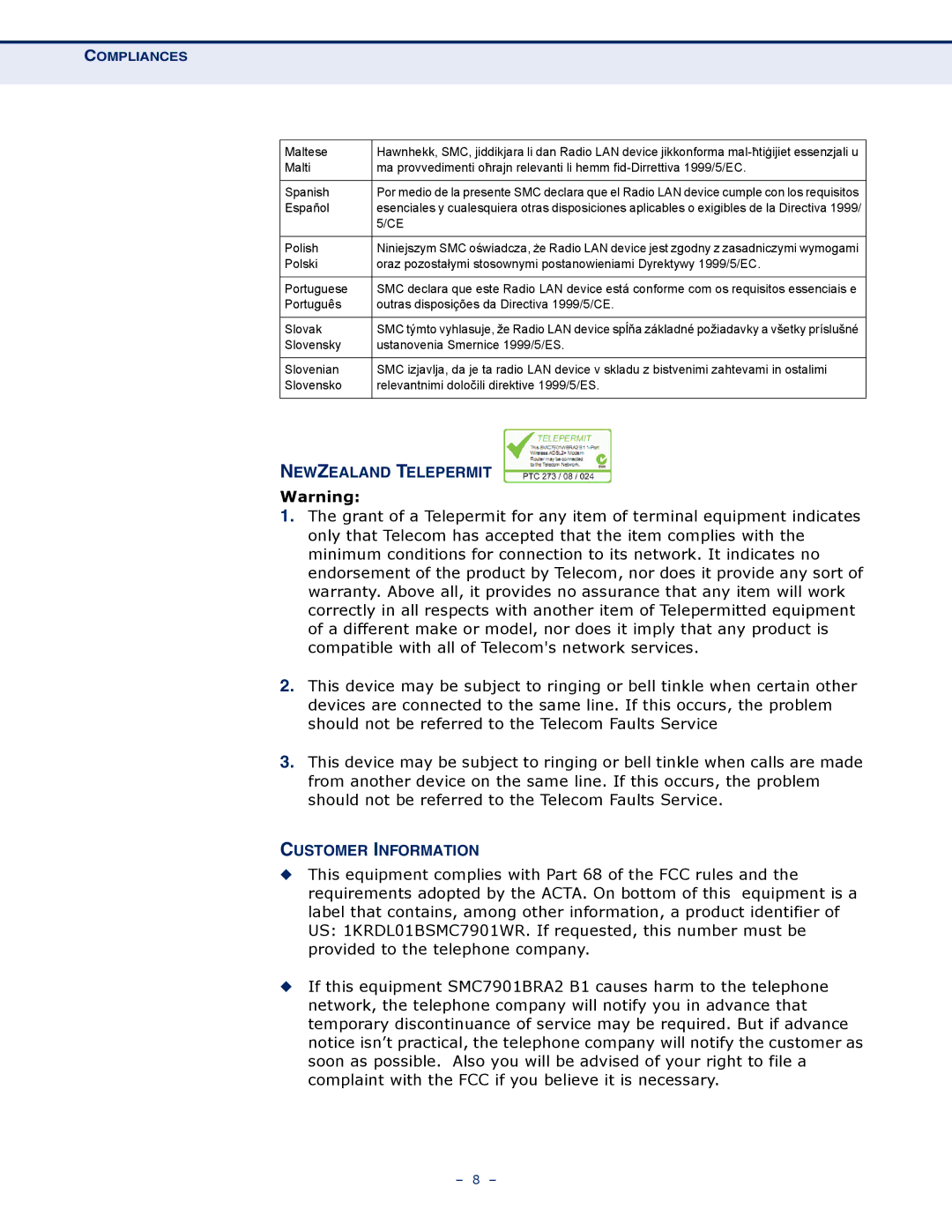 SMC Networks SMC7901WBRA2 B1 manual Newzealand Telepermit, Customer Information 