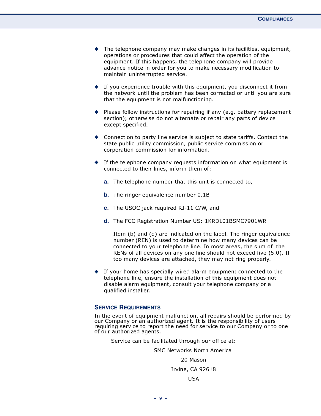 SMC Networks SMC7901WBRA2 B1 manual Service Requirements 