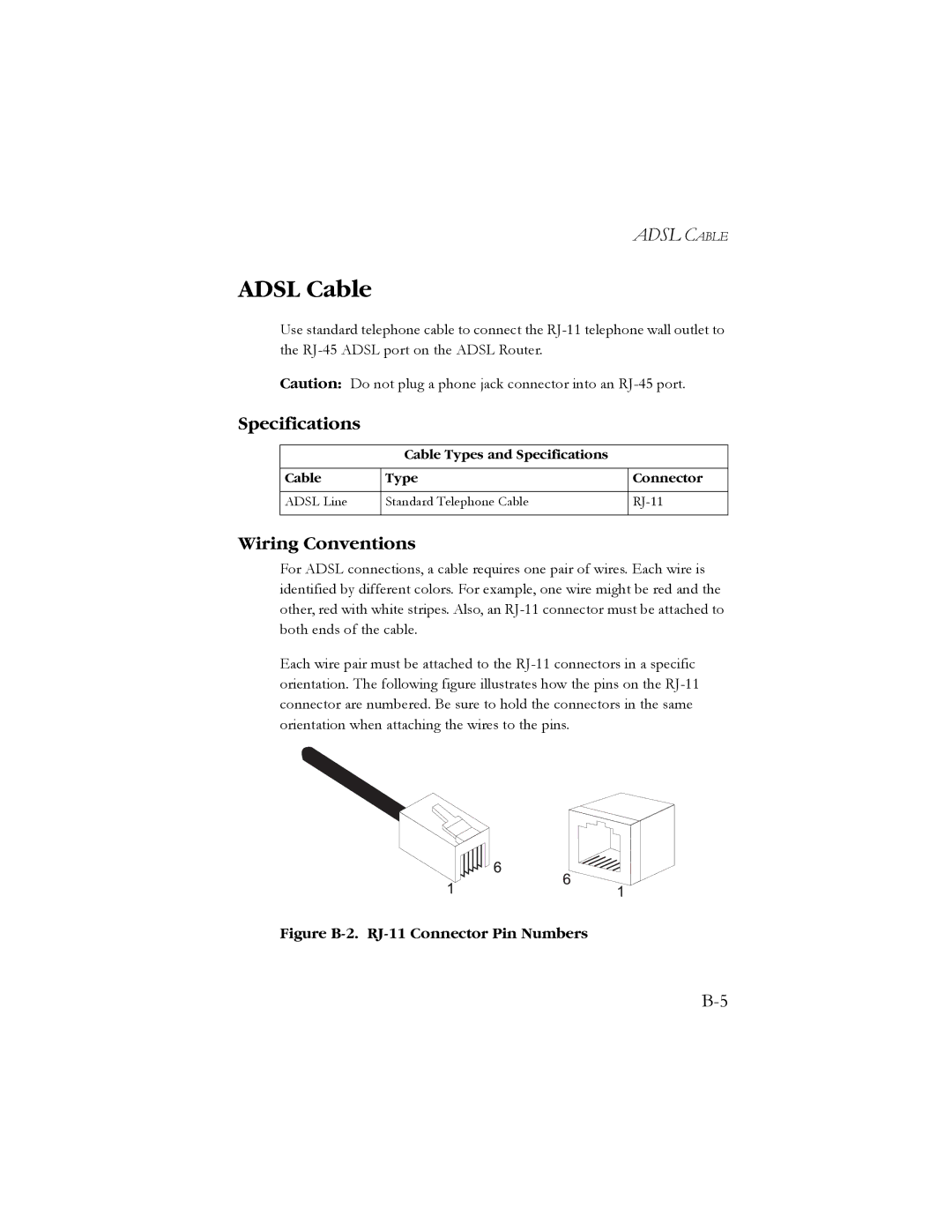 SMC Networks SMC7904BRB2 manual Adsl Cable, Figure B-2. RJ-11 Connector Pin Numbers 