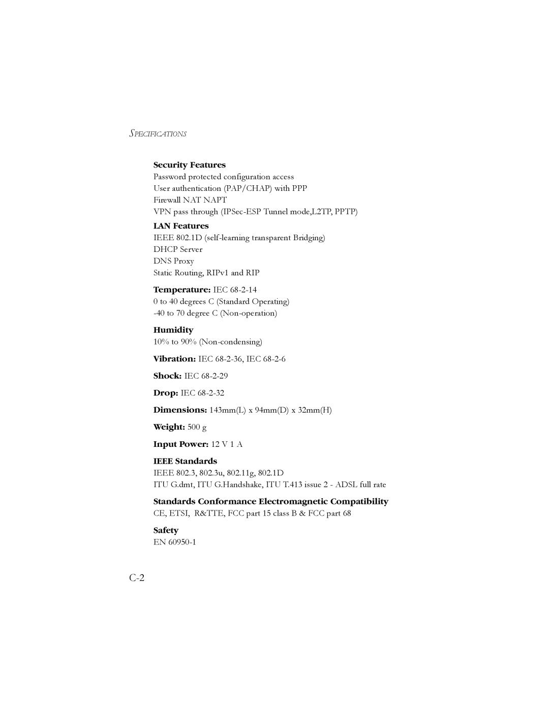 SMC Networks SMC7904BRB2 manual Security Features, LAN Features, Temperature IEC, Humidity 