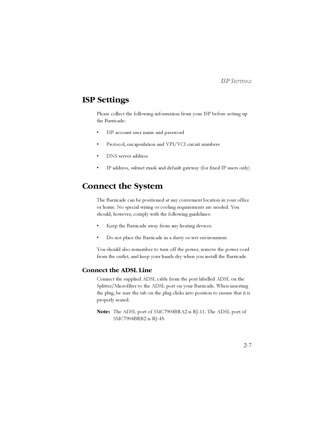 SMC Networks SMC7904BRB2 manual ISP Settings, Connect the System, Connect the Adsl Line 