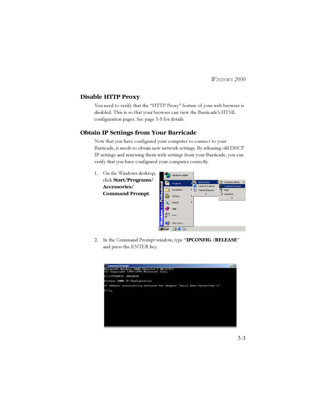 SMC Networks SMC7904BRB2 manual Disable Http Proxy, Obtain IP Settings from Your Barricade, Accessories/ Command Prompt 