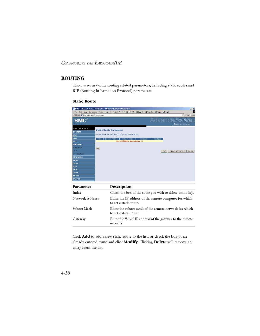 SMC Networks SMC7904BRB2 manual Routing, Static Route 