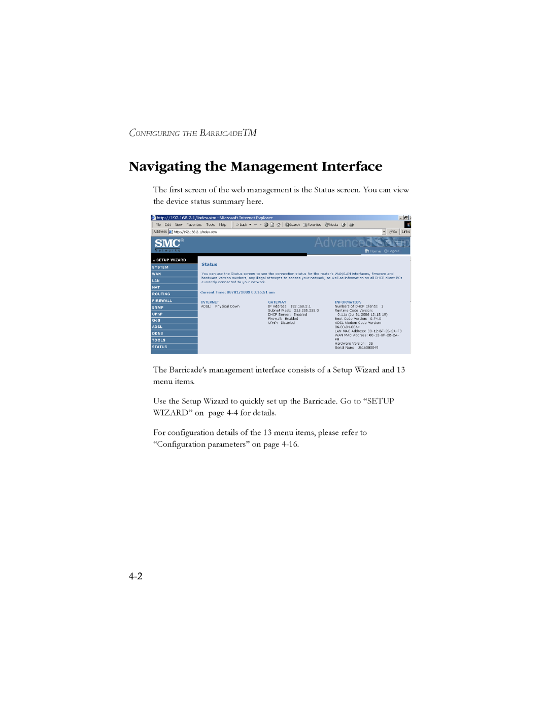 SMC Networks SMC7904BRB2 manual Navigating the Management Interface, Configuring The Barricadetm 