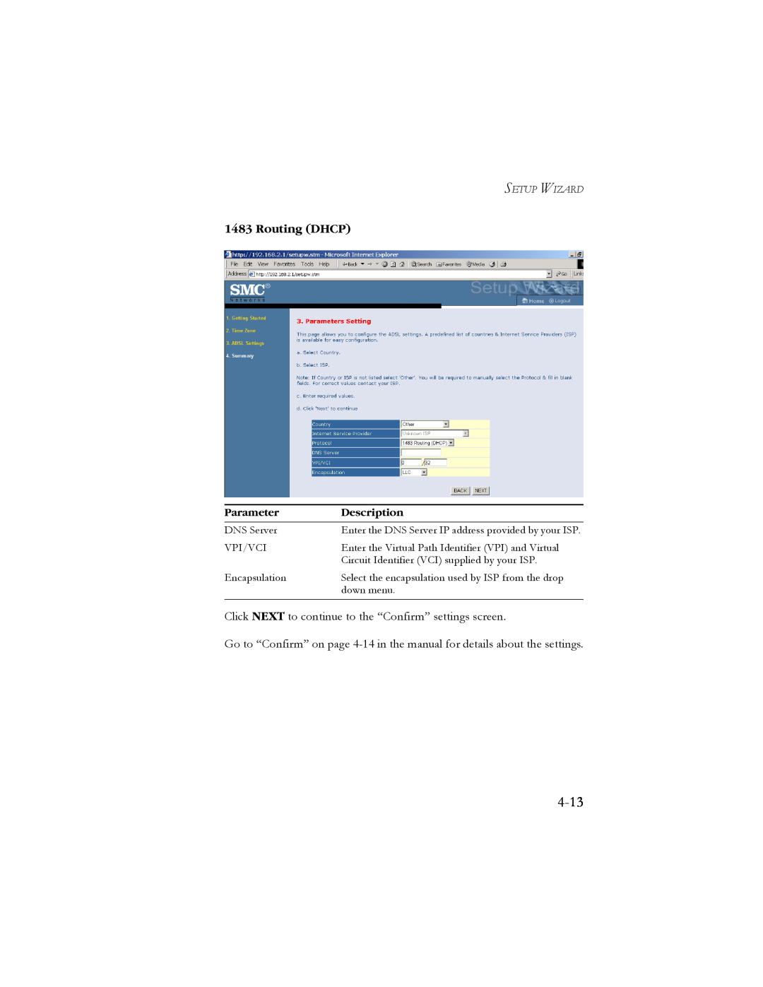 SMC Networks SMC7904BRB2 manual 4-13, Routing DHCP, Parameter, Description, Setup Wizard 