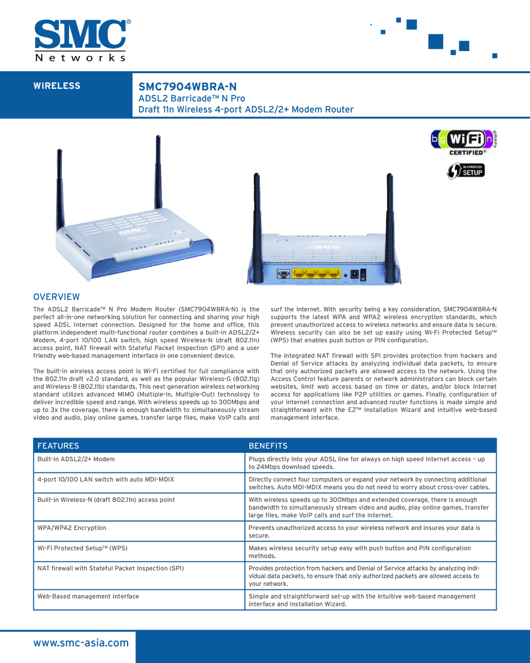 SMC Networks manual WIRELESSSMC7904WBRA-N, Features Benefits 