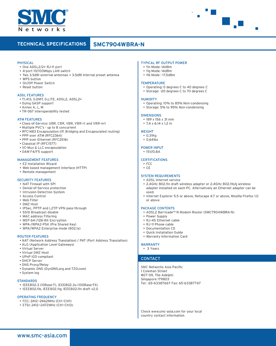 SMC Networks SMC7904WBRA-N manual Contact 