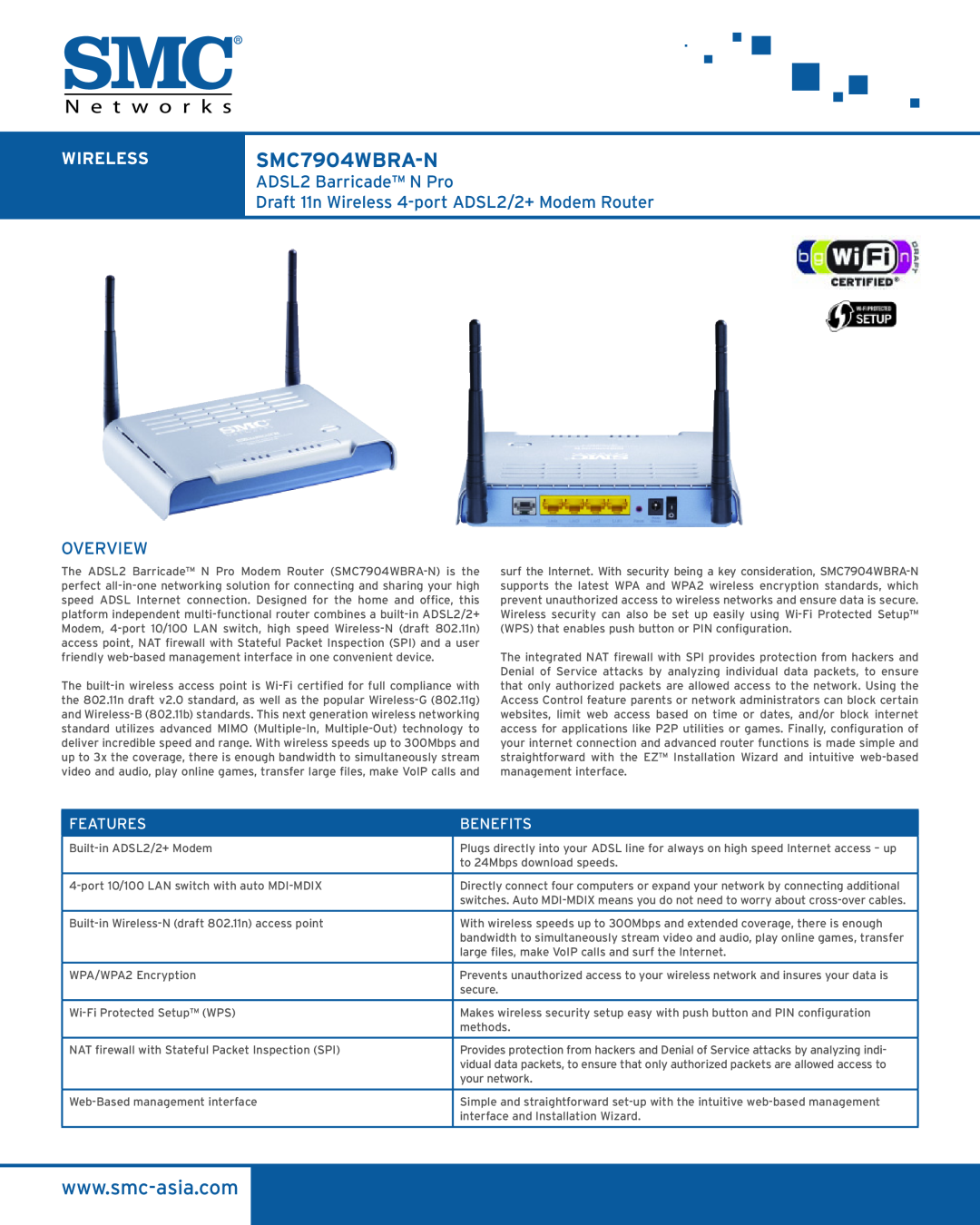SMC Networks manual Features, Benefits, WIRELESSSMC7904WBRA-N, Overview 