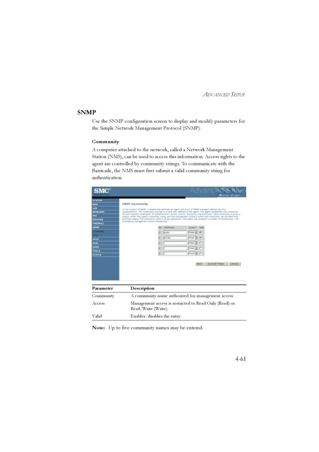 SMC Networks SMC7904WBRB, SMC7904WBRA manual Snmp, Community 