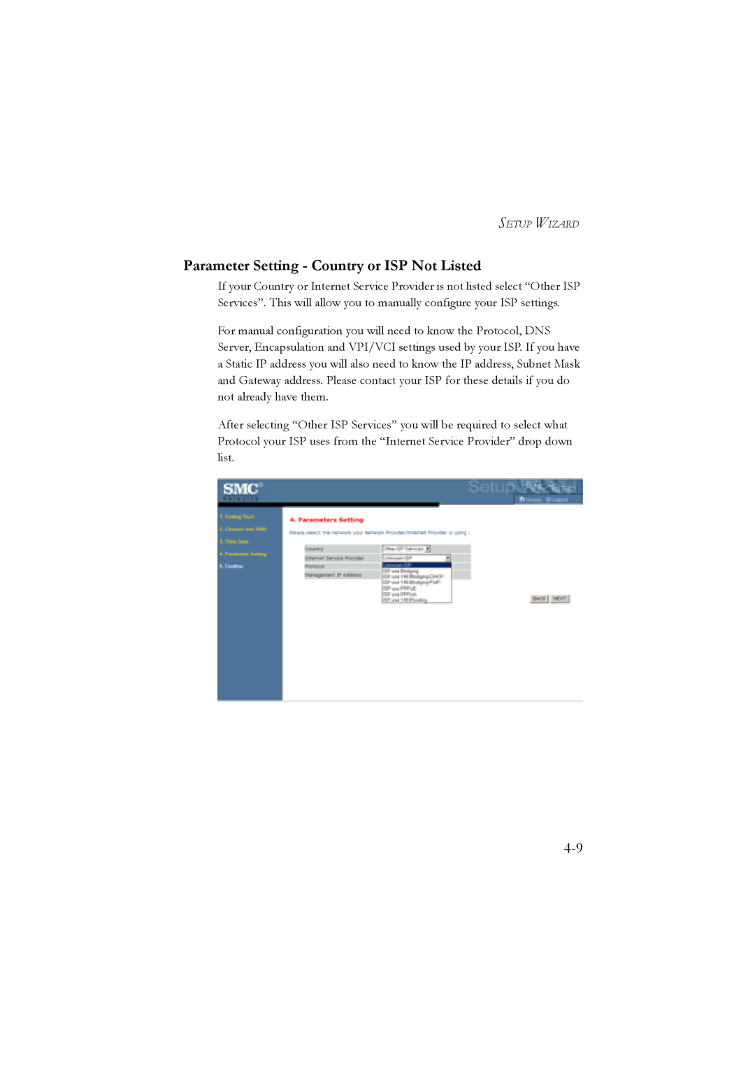 SMC Networks SMC7904WBRB, SMC7904WBRA manual Parameter Setting Country or ISP Not Listed 