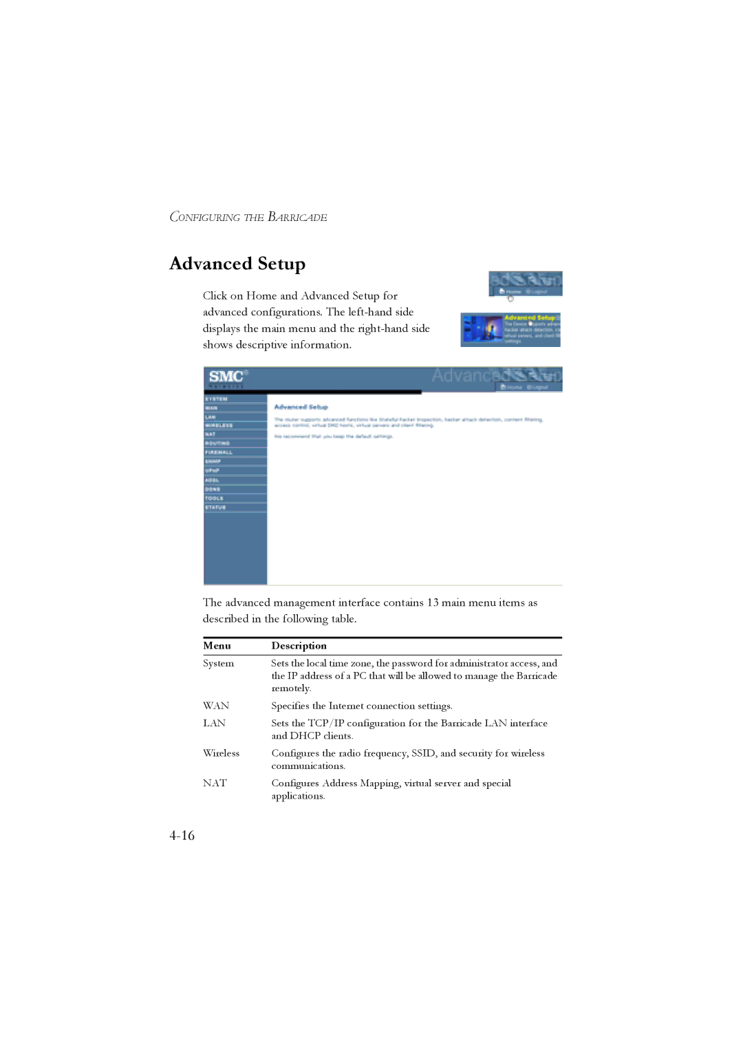 SMC Networks SMC7904WBRA, SMC7904WBRB manual Advanced Setup, Menu Description 