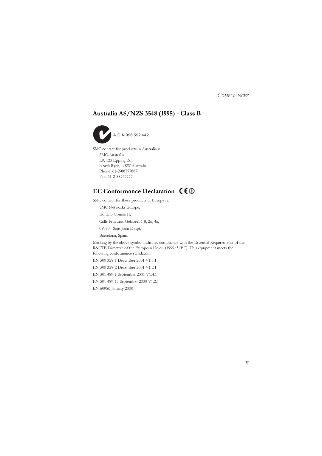 SMC Networks SMC7904WBRB, SMC7904WBRA manual Australia AS/NZS 3548 1995 Class B, EC Conformance Declaration 