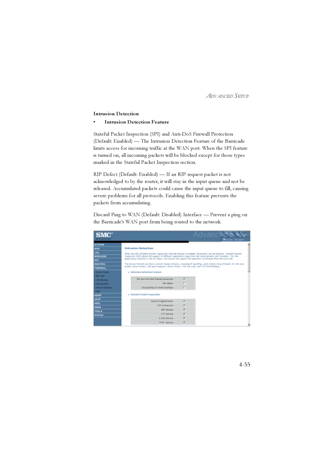 SMC Networks SMC7904WBRB, SMC7904WBRA manual Intrusion Detection Intrusion Detection Feature 