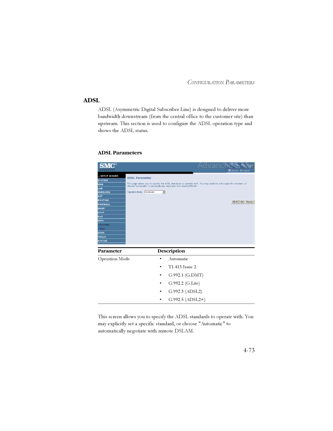 SMC Networks SMC7904WBRA2 manual Adsl Parameters 