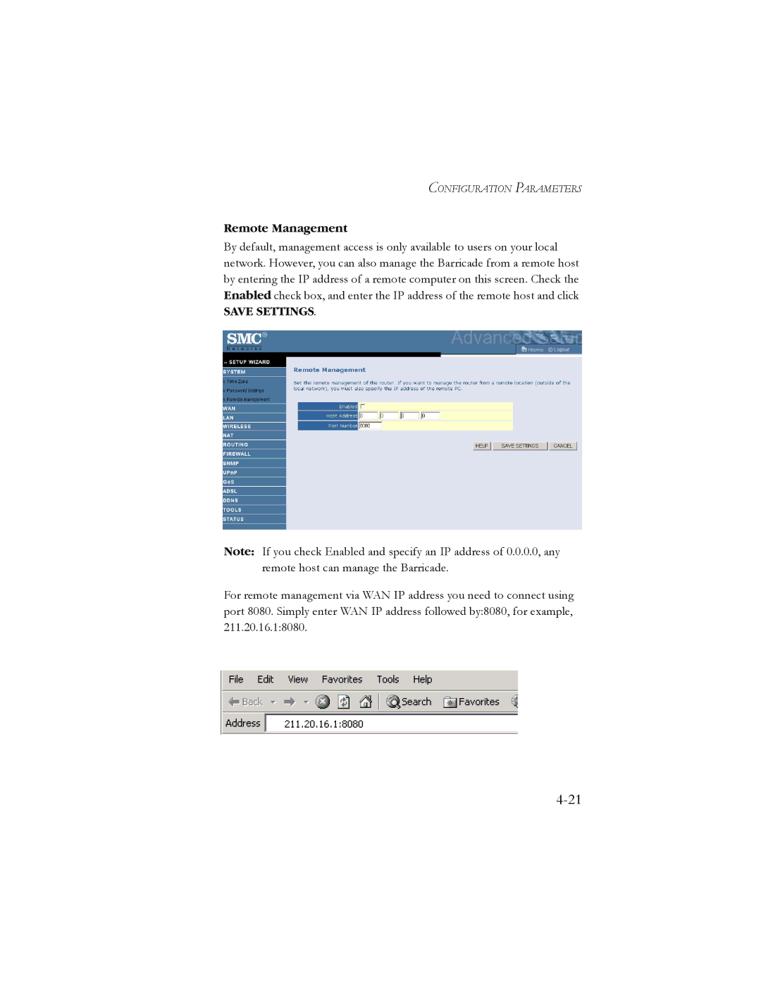 SMC Networks SMC7904WBRA2 manual Remote Management, Save Settings 