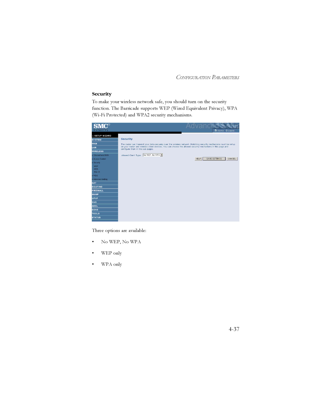 SMC Networks SMC7904WBRA2 manual Security 