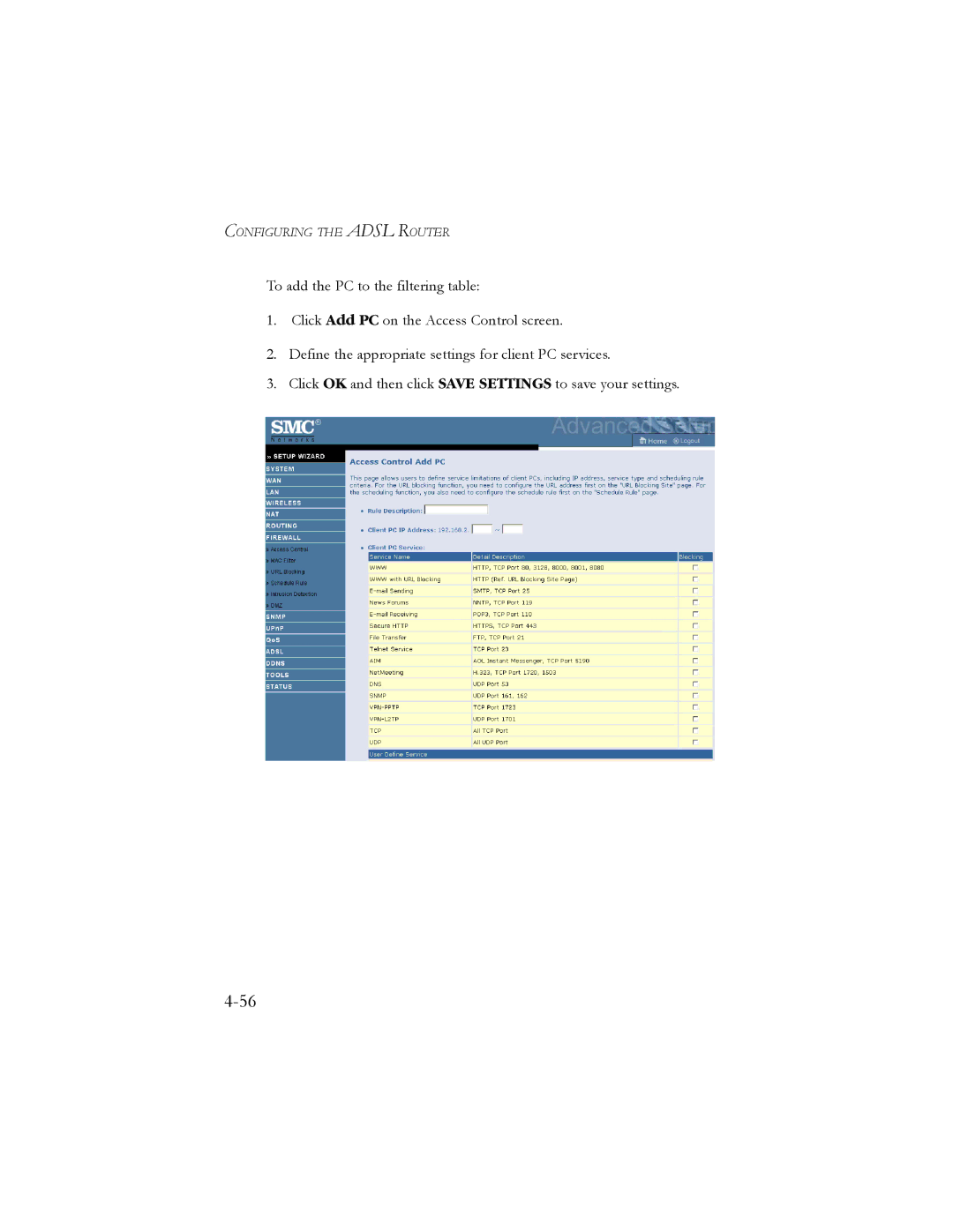 SMC Networks SMC7904WBRA2 manual Configuring the Adsl Router 