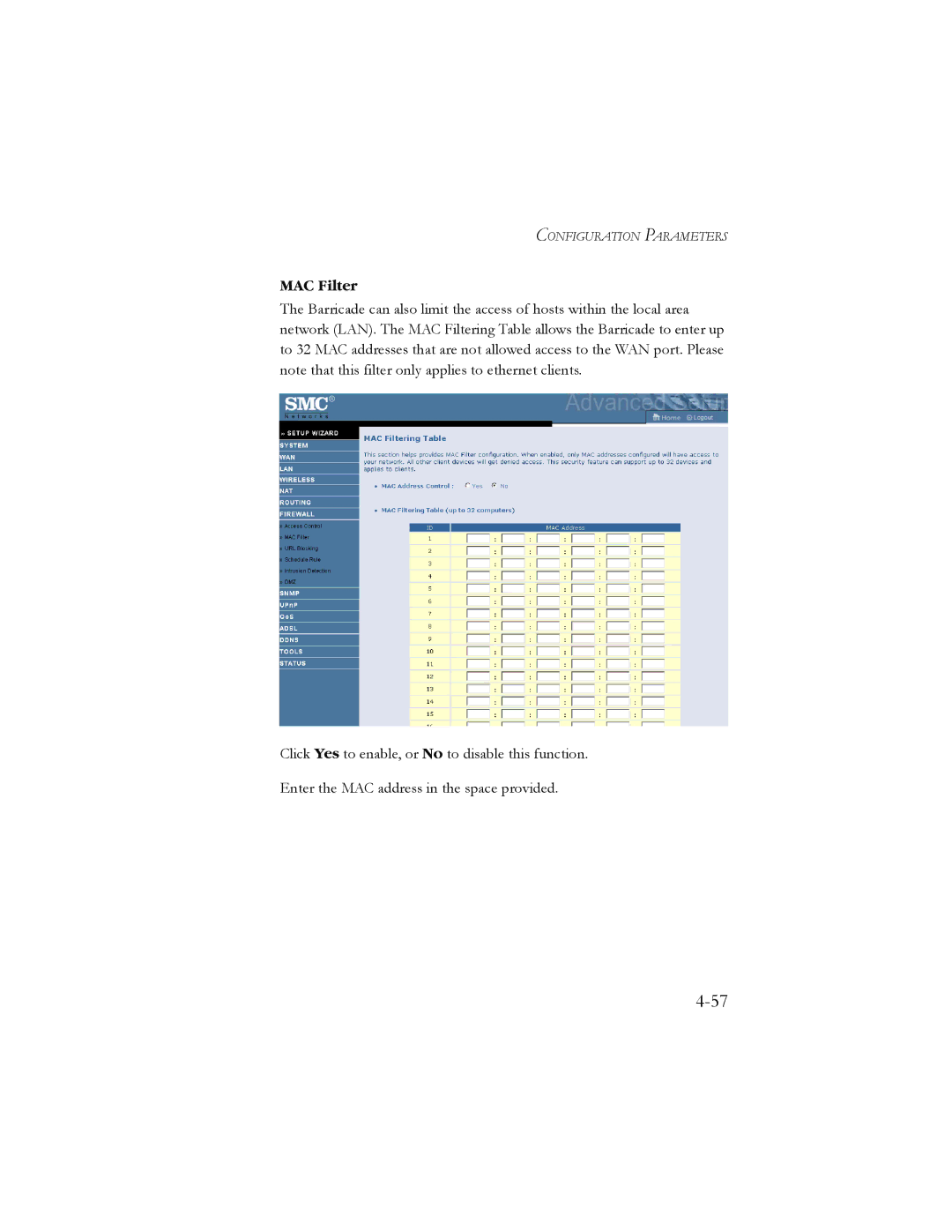 SMC Networks SMC7904WBRA2 manual MAC Filter 