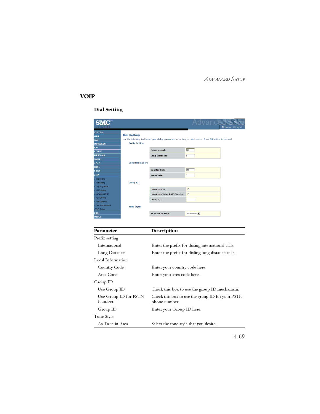 SMC Networks SMC7908VoWBRA manual Voip, Dial Setting 