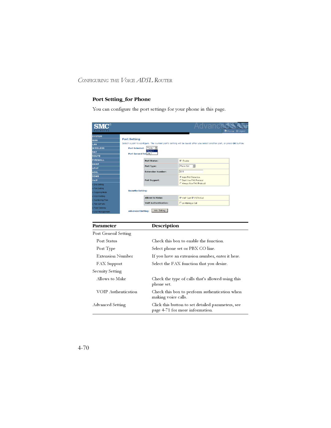 SMC Networks SMC7908VoWBRA manual Port Settingfor Phone, You can configure the port settings for your phone in this 