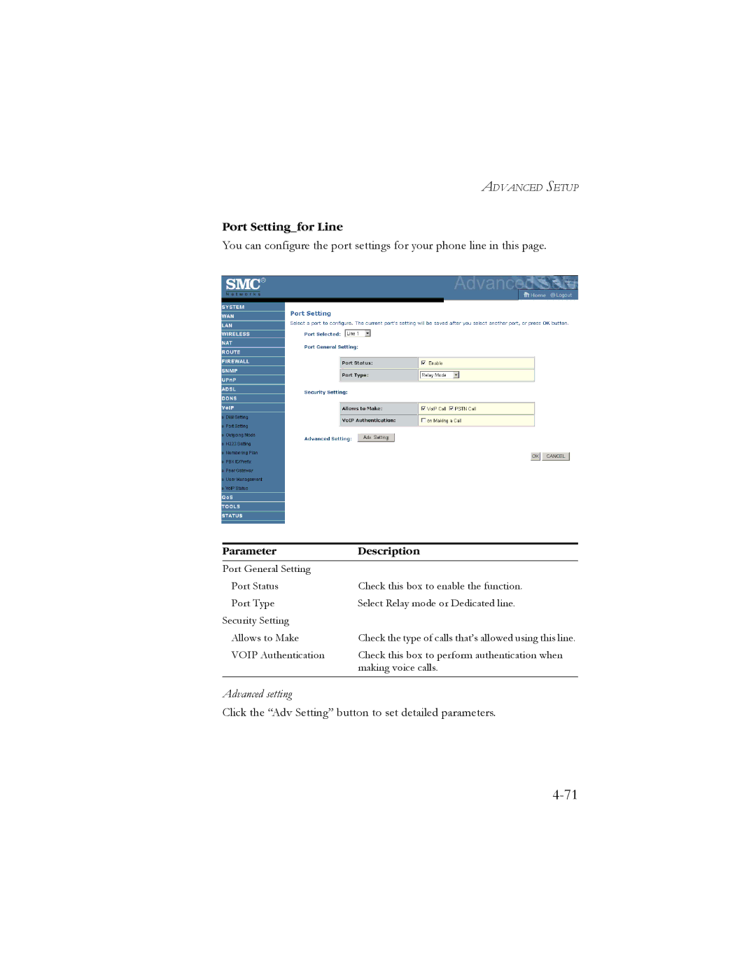 SMC Networks SMC7908VoWBRA manual Port Settingfor Line, Advanced setting 