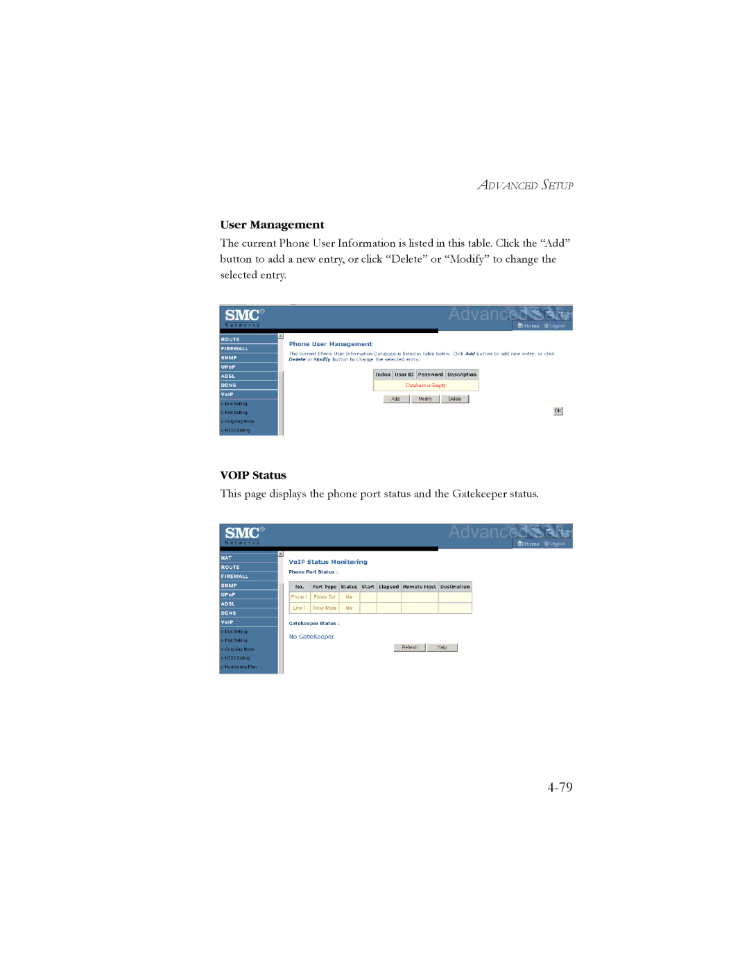 SMC Networks SMC7908VoWBRA manual User Management, Voip Status 