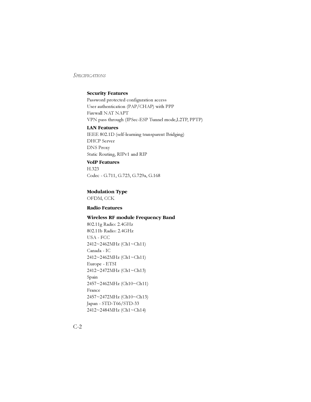 SMC Networks SMC7908VoWBRA manual Security Features, LAN Features, VoIP Features, Modulation Type 