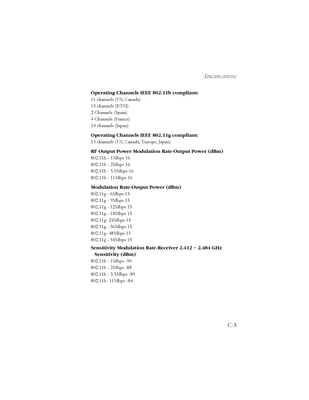 SMC Networks SMC7908VoWBRA manual Modulation Rate-Output Power dBm 802.11g 6Mbps 