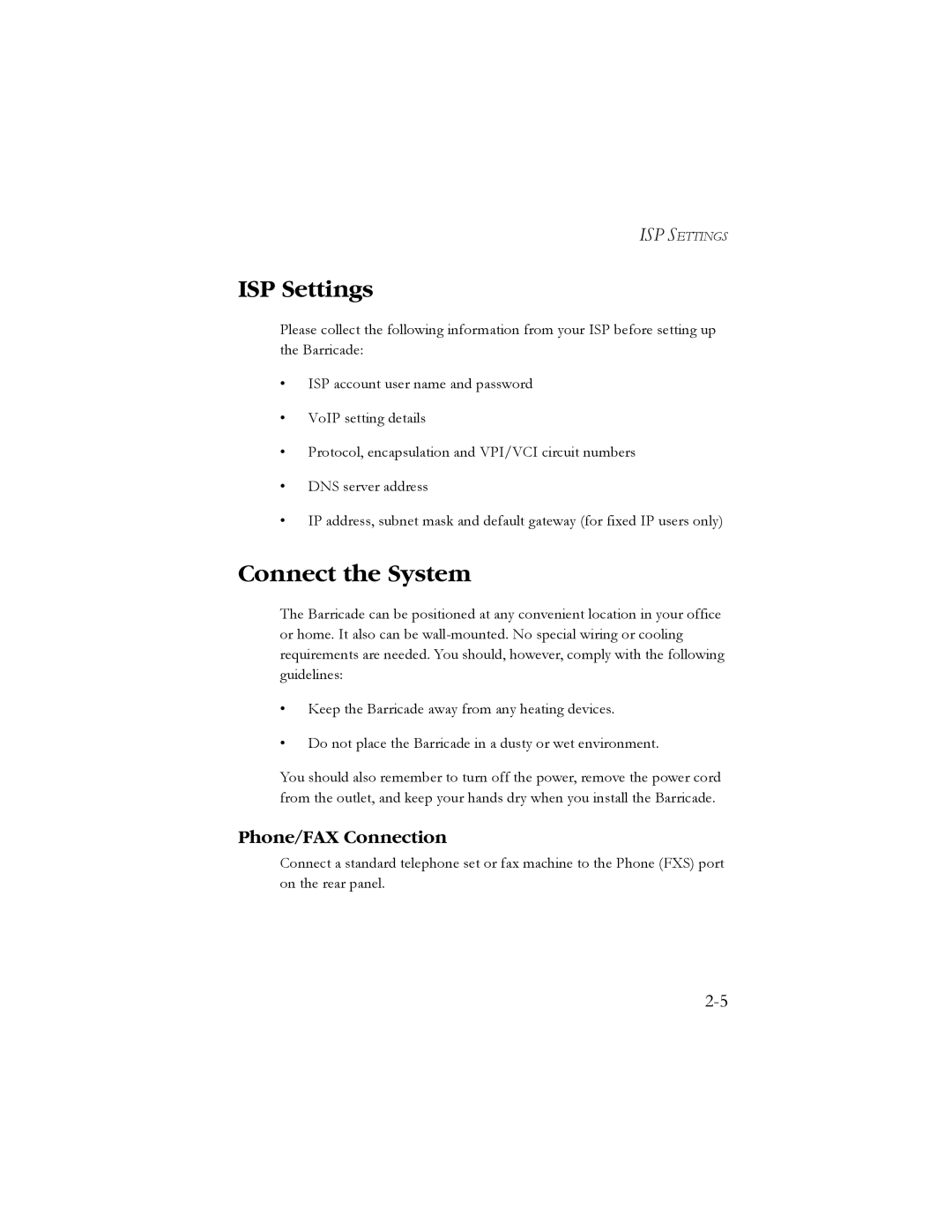 SMC Networks SMC7908VoWBRA manual ISP Settings, Connect the System, Phone/FAX Connection 