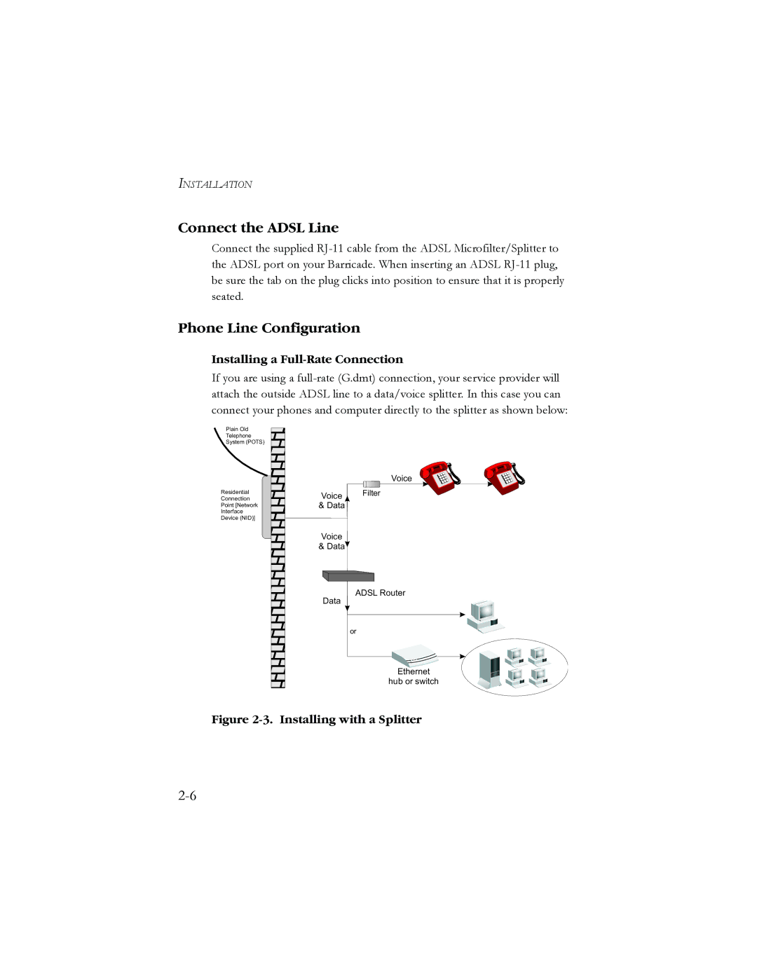 SMC Networks SMC7908VoWBRA manual Connect the Adsl Line, Phone Line Configuration, Installing a Full-Rate Connection 