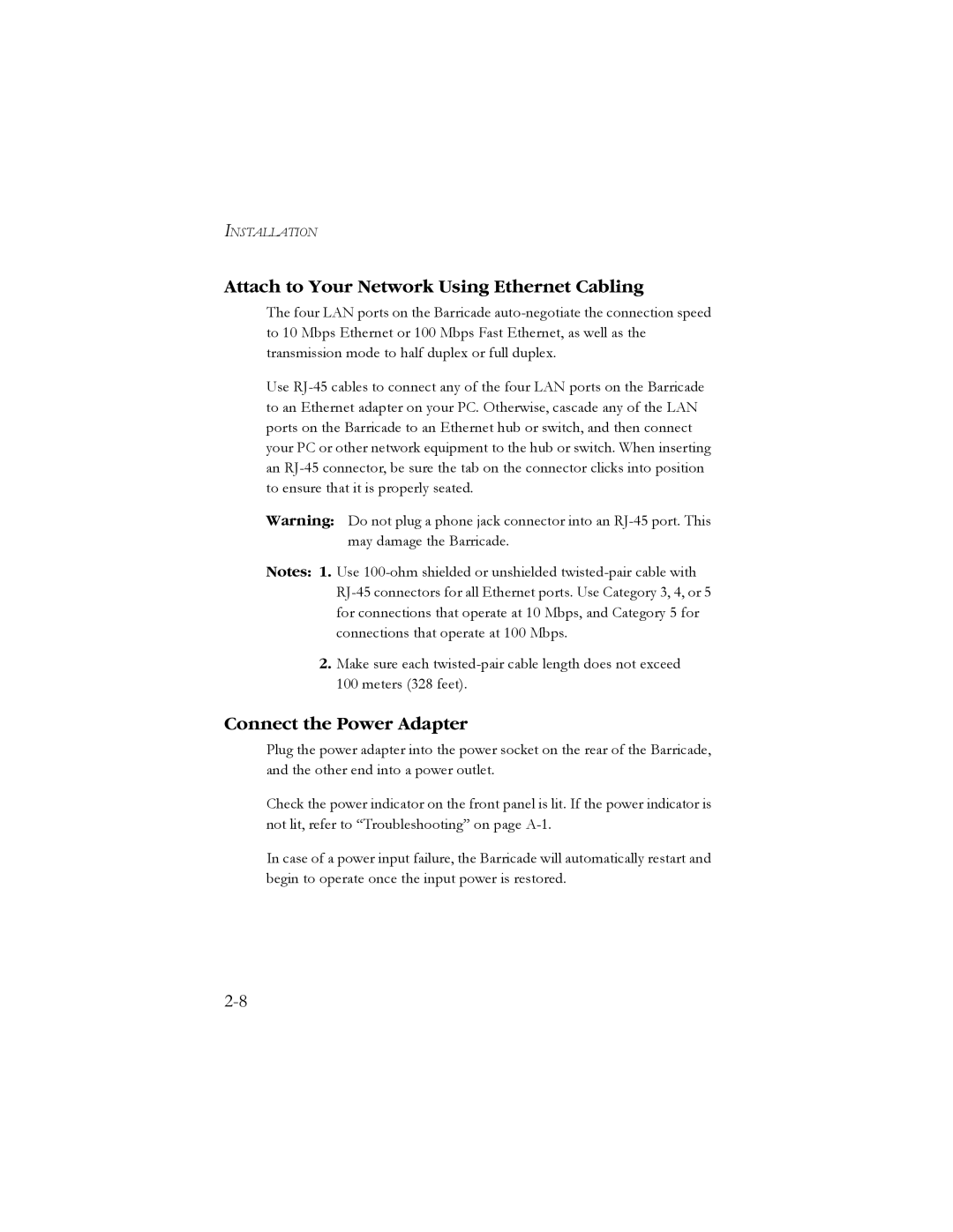 SMC Networks SMC7908VoWBRA manual Attach to Your Network Using Ethernet Cabling, Connect the Power Adapter 