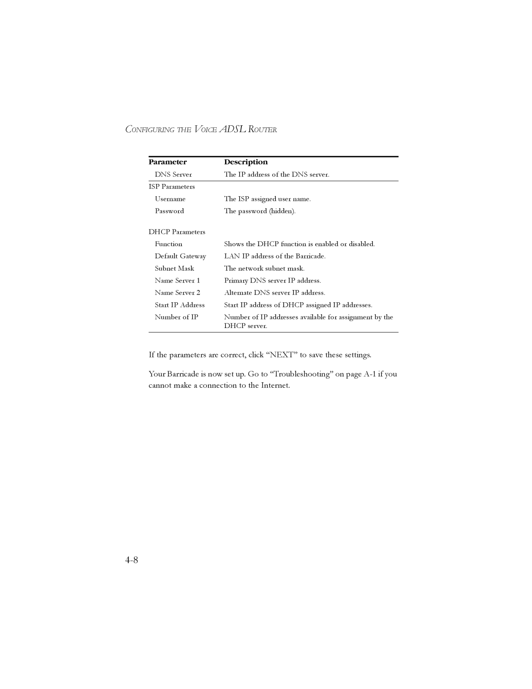 SMC Networks SMC7908VoWBRA manual Parameter Description 