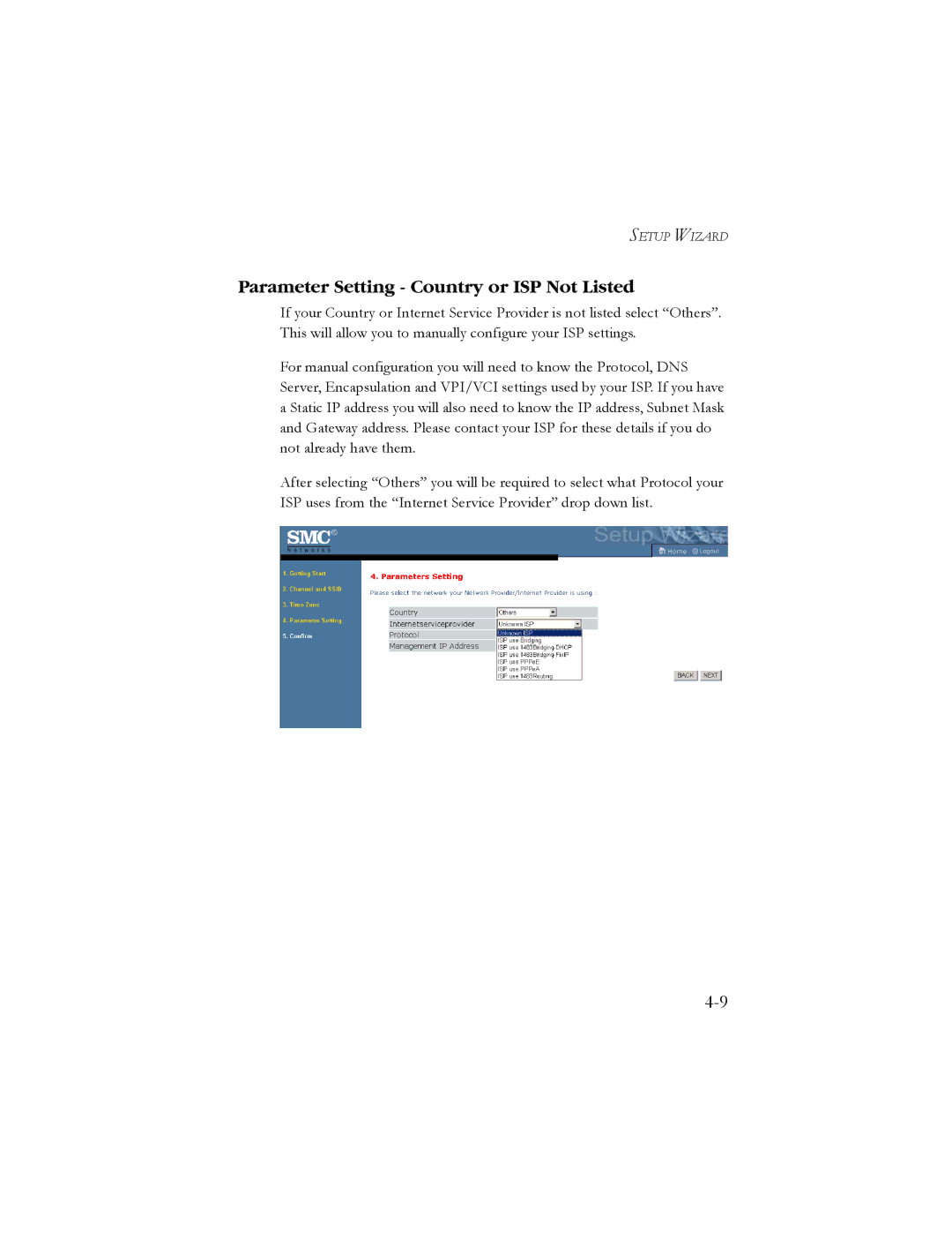 SMC Networks SMC7908VoWBRA manual Parameter Setting Country or ISP Not Listed 