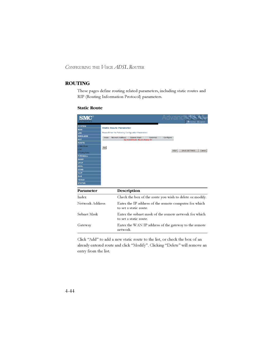 SMC Networks SMC7908VoWBRA manual Routing, Static Route 