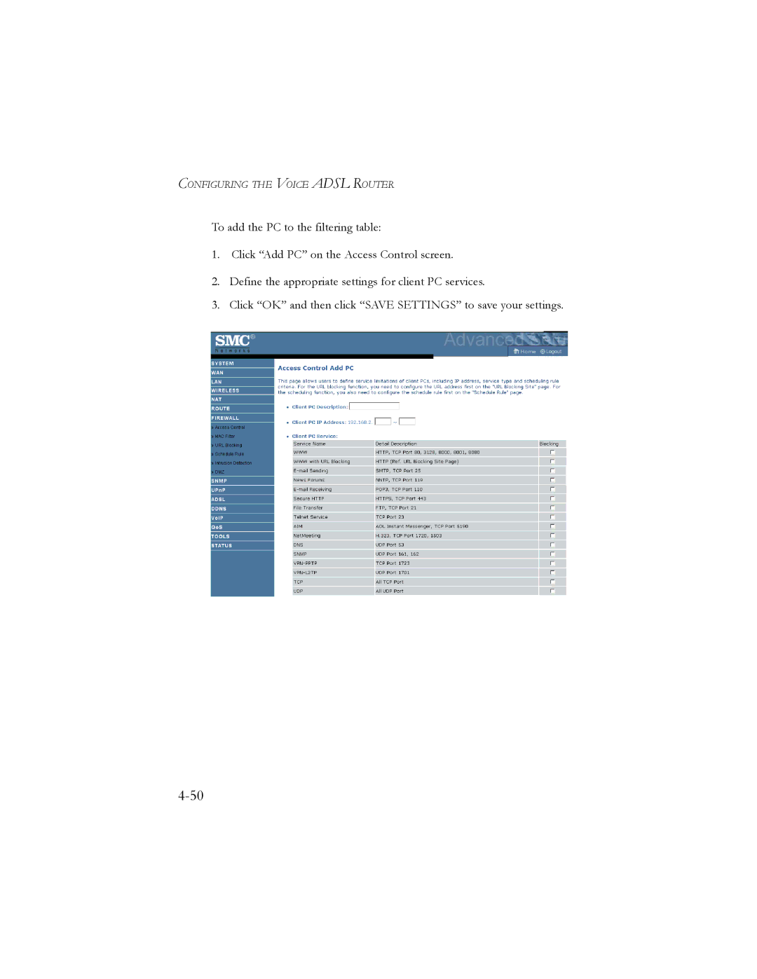 SMC Networks SMC7908VoWBRA manual Configuring the Voice Adsl Router 