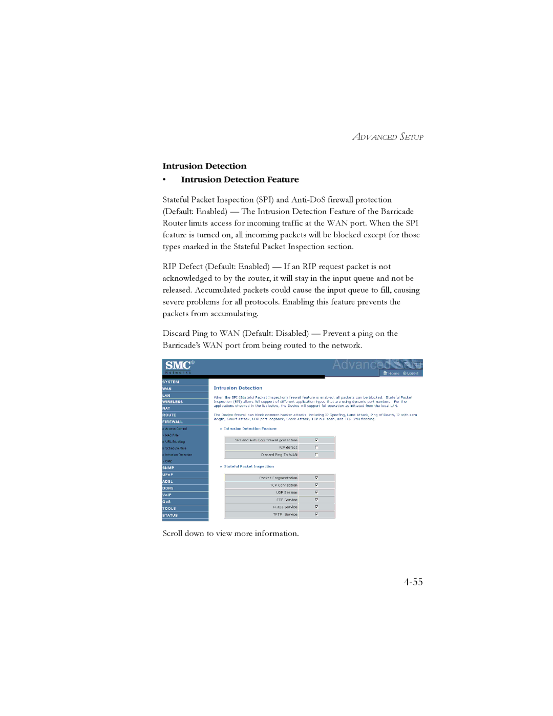 SMC Networks SMC7908VoWBRA manual Intrusion Detection Intrusion Detection Feature 