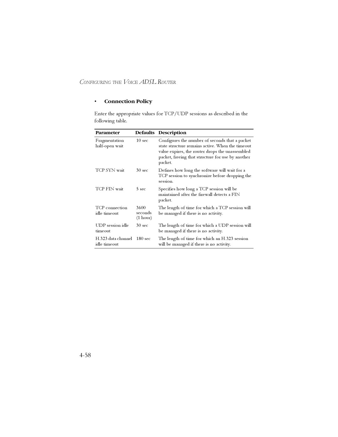 SMC Networks SMC7908VoWBRA manual Connection Policy, Parameter Defaults Description 