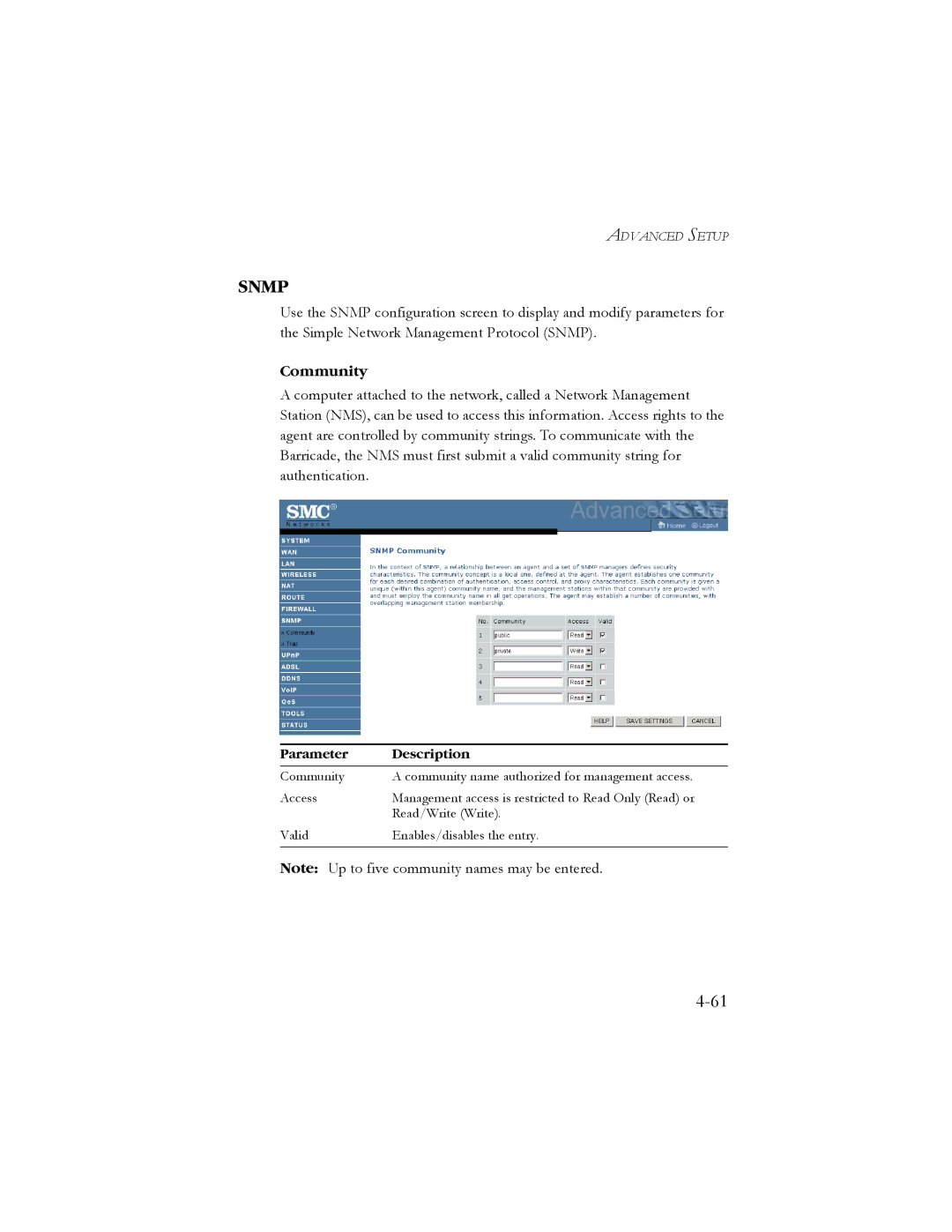 SMC Networks SMC7908VoWBRA manual Snmp, Community 