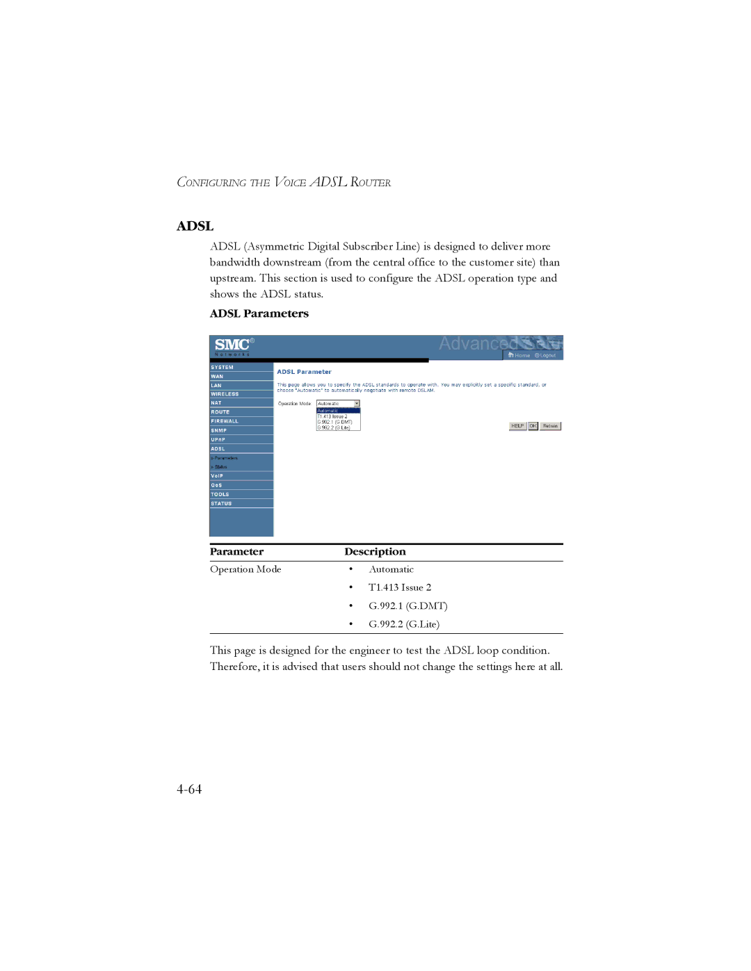 SMC Networks SMC7908VoWBRA manual Adsl Parameters 