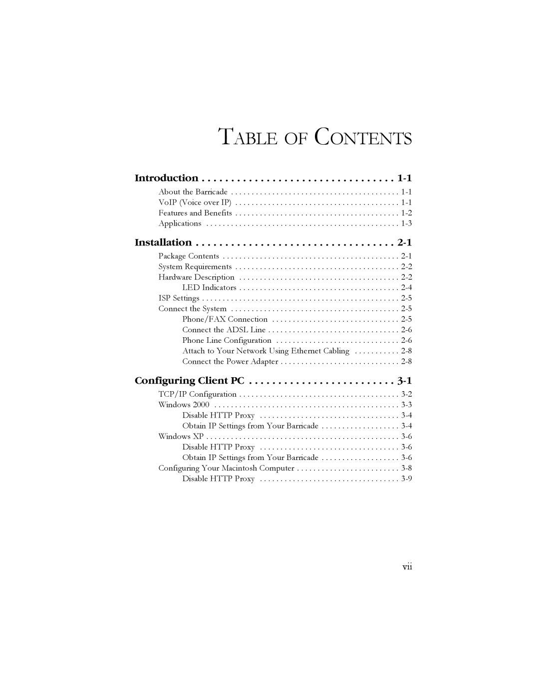 SMC Networks SMC7908VoWBRA manual Table Of Contents, Introduction, Installation, Configuring Client PC 