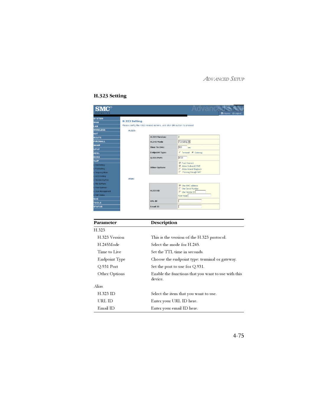 SMC Networks SMC7908VoWBRA manual 4-75, H.323 Setting, Parameter, Description 