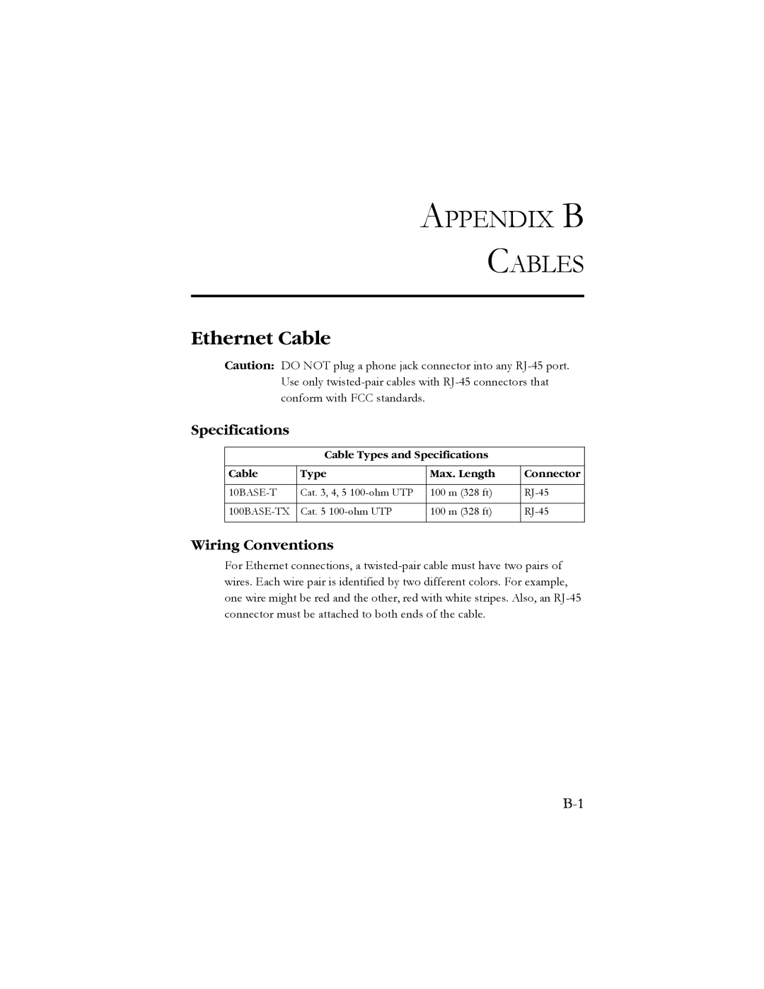 SMC Networks SMC7908VoWBRA manual Appendix B Cables, Ethernet Cable, Specifications, Wiring Conventions 