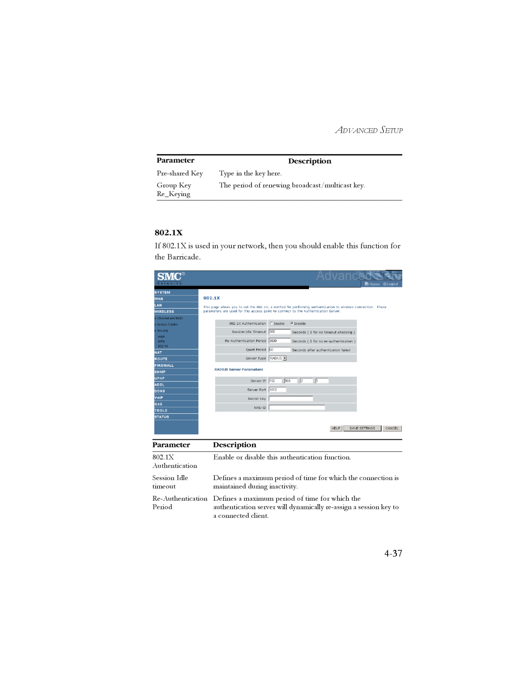 SMC Networks SMC7908VoWBRA manual 4-37, 802.1X, Parameter, Description 