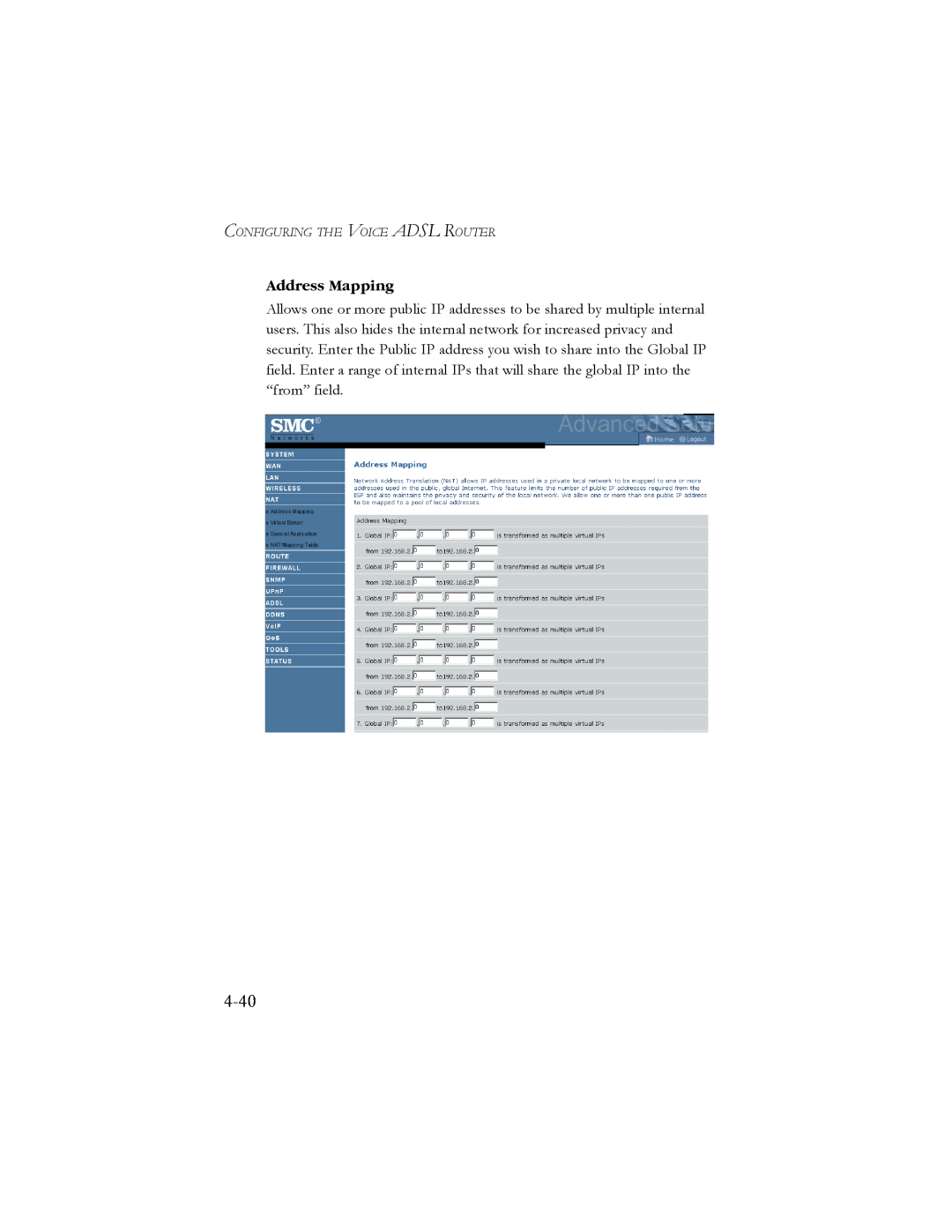 SMC Networks SMC7908VoWBRA manual 4-40, Address Mapping, Configuring The Voice Adsl Router 