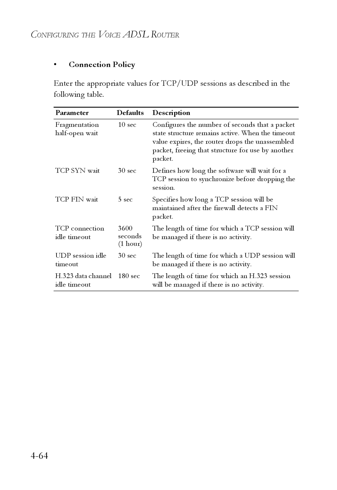 SMC Networks SMC7908VoWBRA2 manual Connection Policy, Parameter Defaults Description 