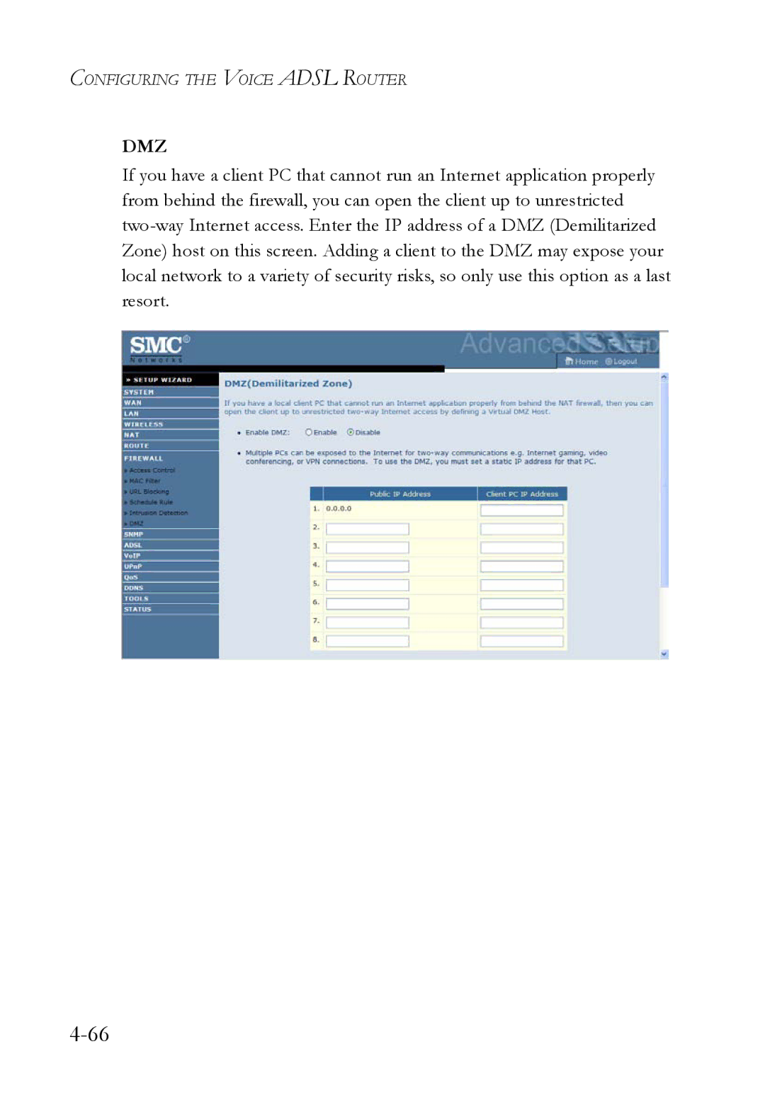 SMC Networks SMC7908VoWBRA2 manual Dmz 