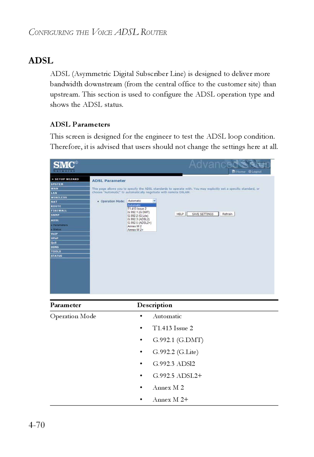 SMC Networks SMC7908VoWBRA2 manual Adsl Parameters 