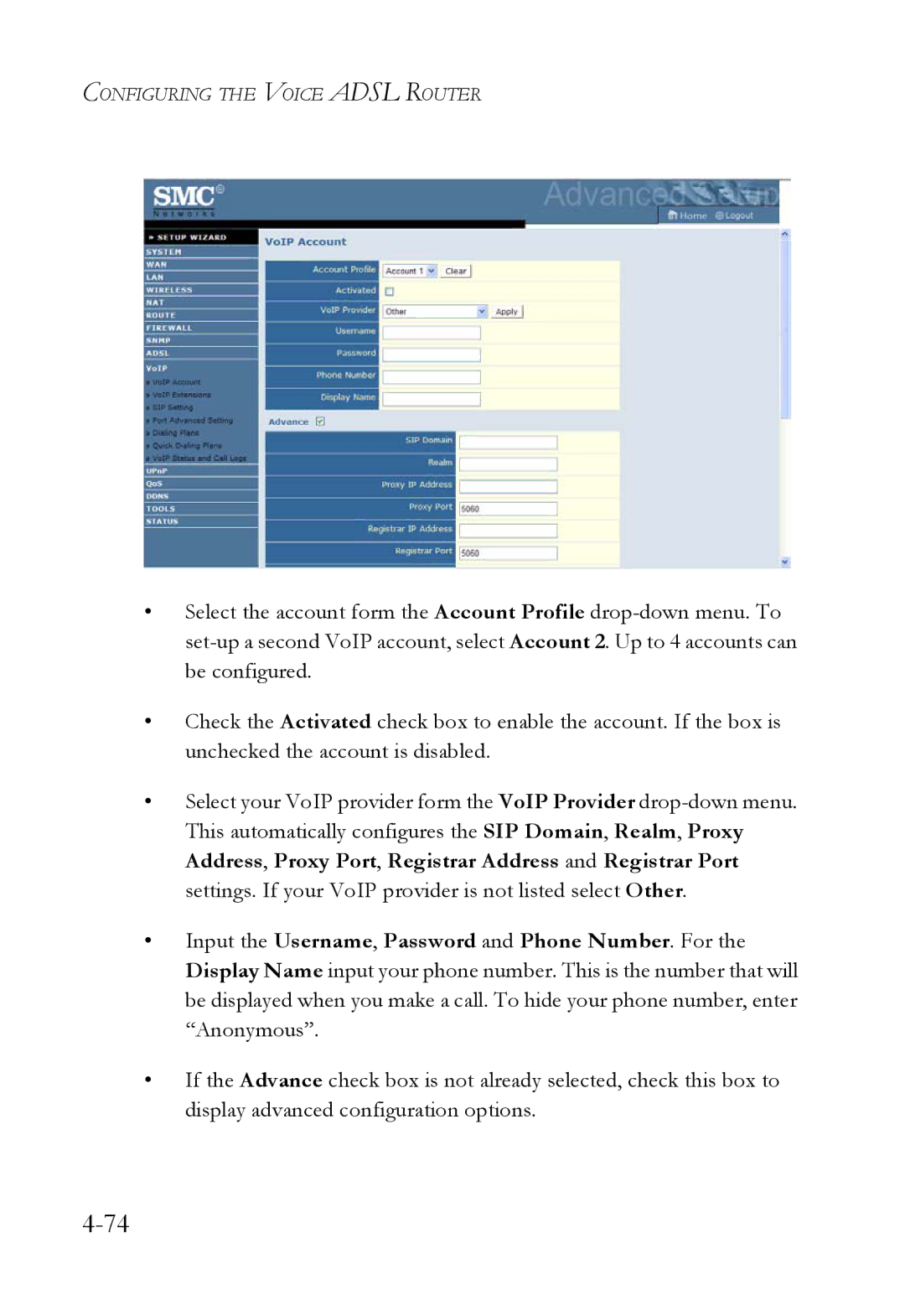 SMC Networks SMC7908VoWBRA2 manual Configuring the Voice Adsl Router 