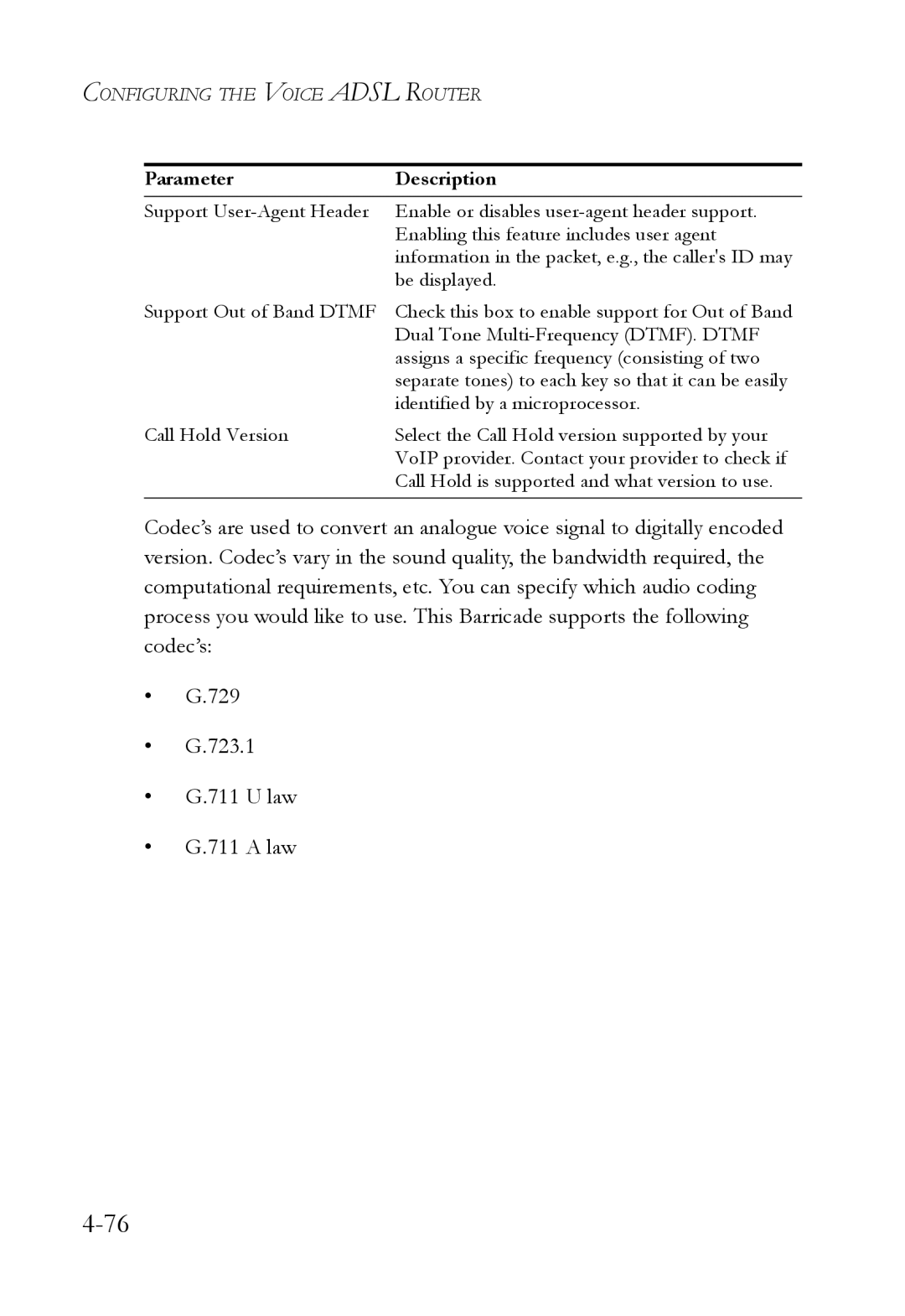 SMC Networks SMC7908VoWBRA2 manual Parameter Description 