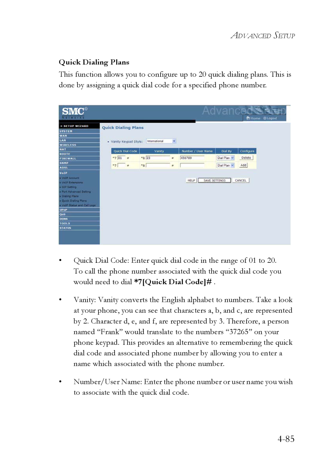 SMC Networks SMC7908VoWBRA2 manual Quick Dialing Plans 